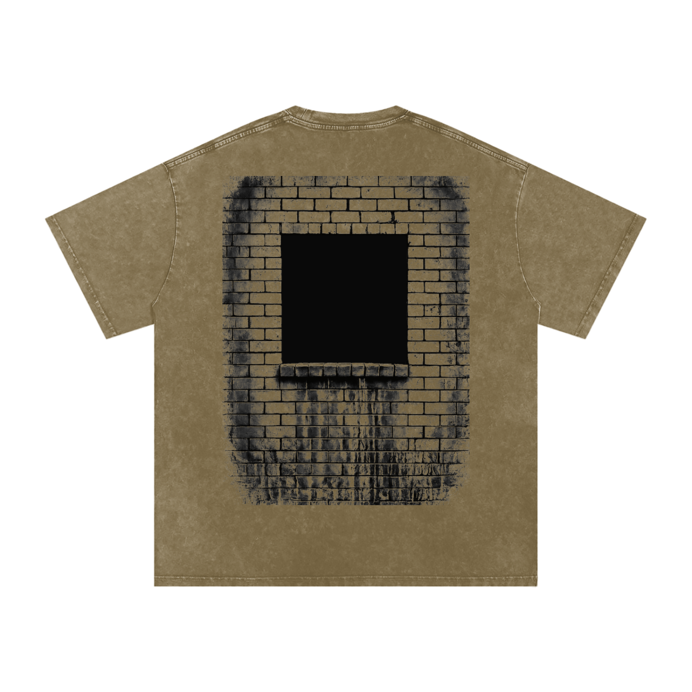 A short-sleeve t-shirt in a washed khaki or olive-brown color, featuring a large graphic print on the back depicting a black square window set within a dark brick wall.