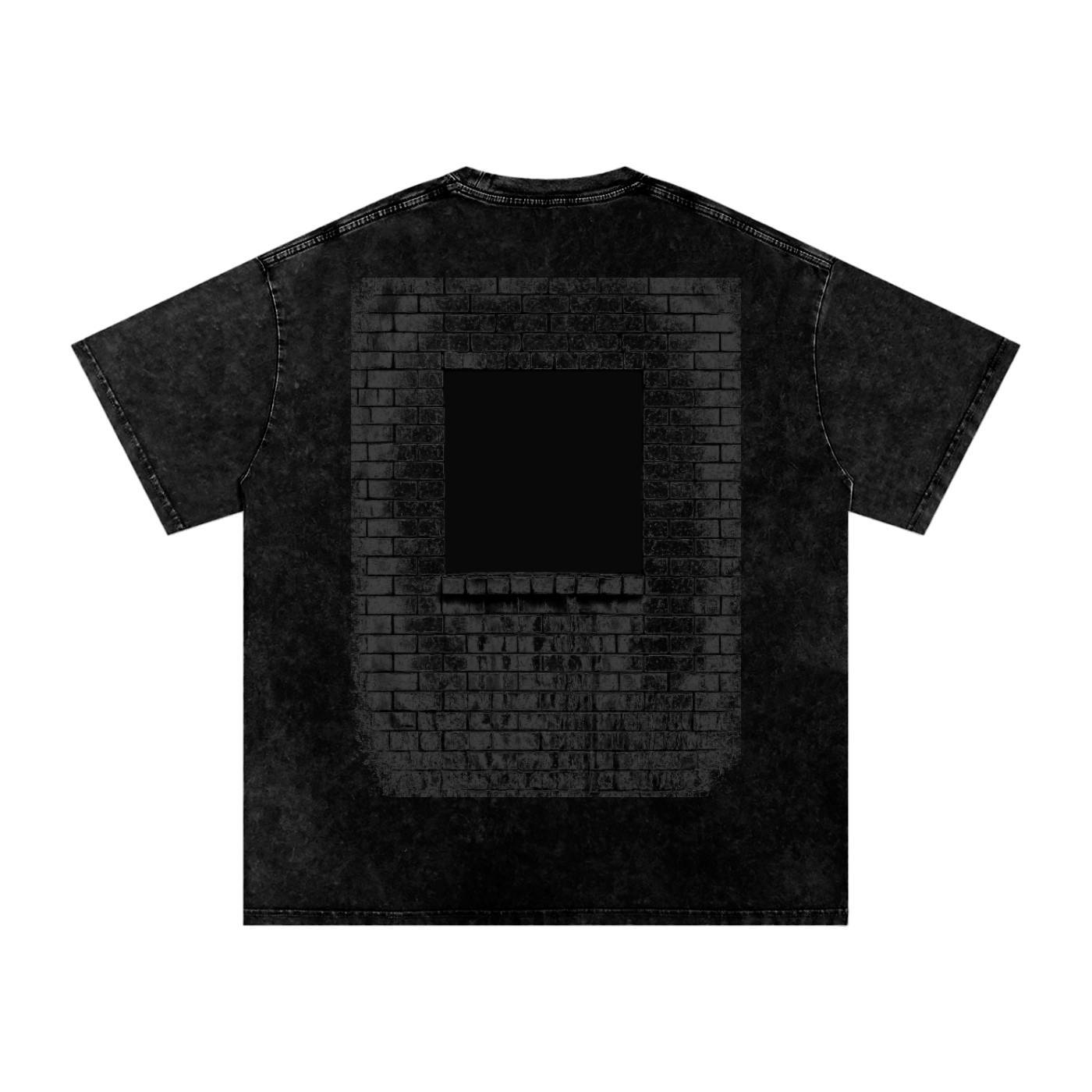 A black short-sleeve t-shirt with a distressed, washed texture, featuring a large graphic print on the back depicting a dark brick wall with a central black square window-like void.