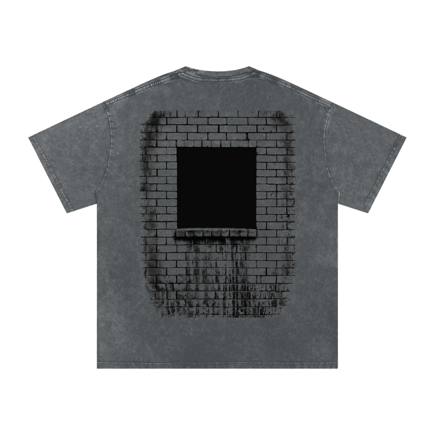 A gray short-sleeve t-shirt with a distressed black graphic of a brick wall and a dark window on the back, shown against a plain white background.