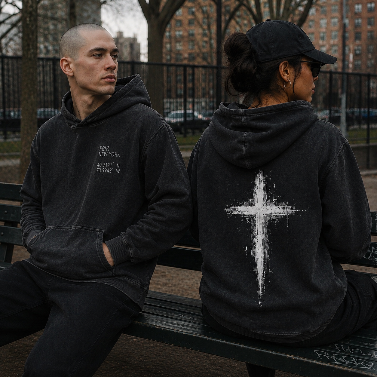 Two people sitting on a bench wearing FØR Cross hoodies, one showing the front text and the other showing the back with a cross design.