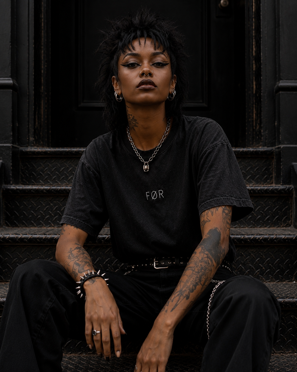 Person wearing a black t-shirt with 'FØR' logo sitting on steps.